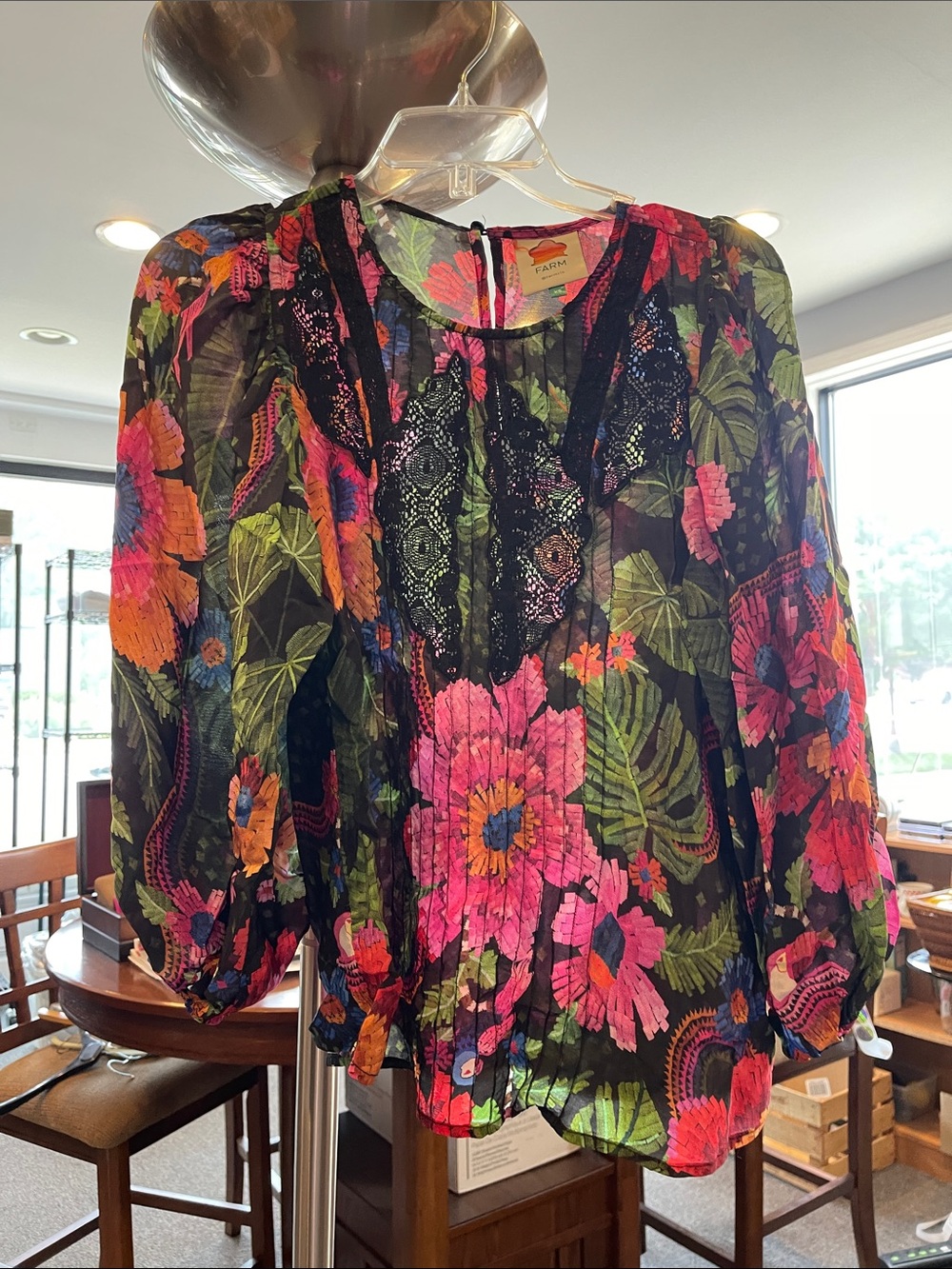 Farm Rio Black Floral Lace-Trim Blouse Pink & Green Accents Viscose Boho size XS - Picture 2 of 10